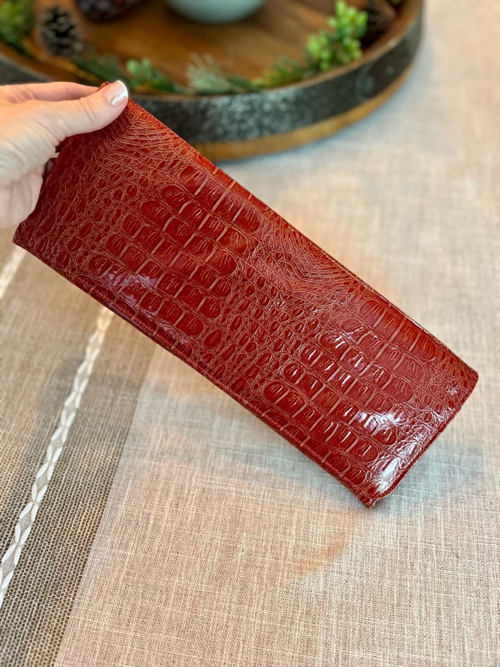 Button Dark Red Croc-Embossed Faux Leather Clutch Wallet Organizer